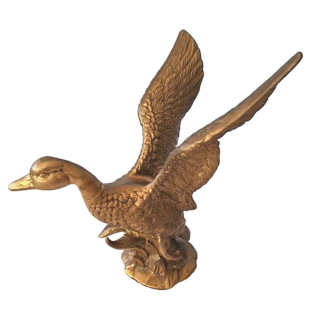 VTG Heavy Solid Brass Duck Fowl Taking Flight Sculpture Nice Patina & Detail - Picture 2 of 14